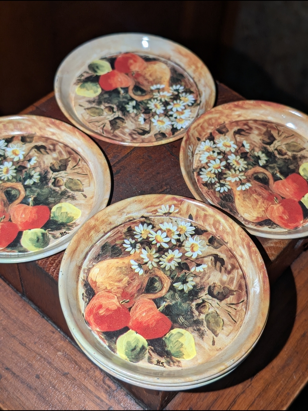 Pretty Vintage MEISTER Metal Fruit/Floral Tin Coasters Made in Brazil - Set of 8
